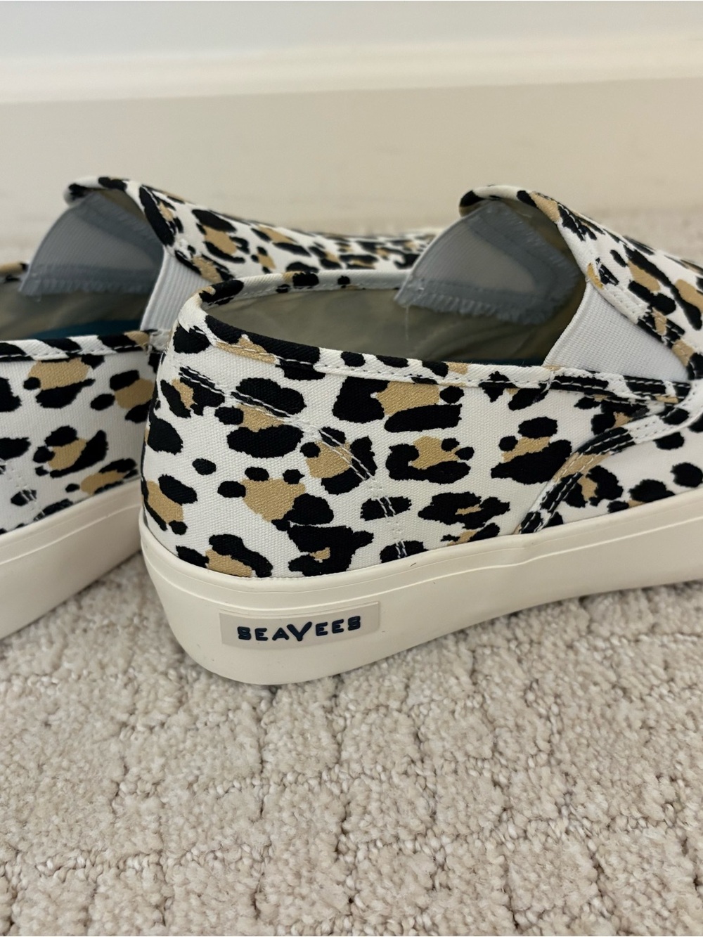 SeaVees Slip-On Sneakers in White with Tan and Black Leopard Spots